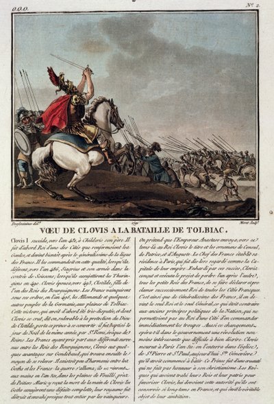 Clovis I. (ca. 466-511) in der Schlacht von Tolbiac, 496 n. Chr., graviert von Jean Baptiste Morret (fl. 1790-1820), 1791 von Jacques Francois Joseph Swebach